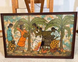 Framed Vintage Batik Textile Artwork - Tropical Village Scene with Women & Chickens