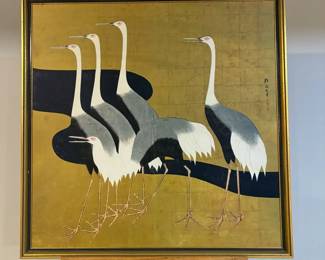 Framed Unglazed Pictures of Cranes, Original by Sakai Hoitsu