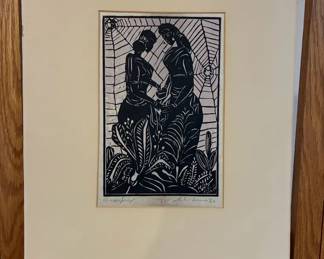 Vintage 1960 Signed Black & White Linocut Print - Two Figurines & Tropical Foliage