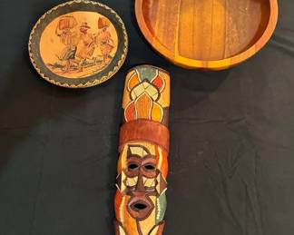 Vintage Wooden Pieces - Hand Carved South African Mask, MCM Bowl & Inscripted Hand Carved Plate