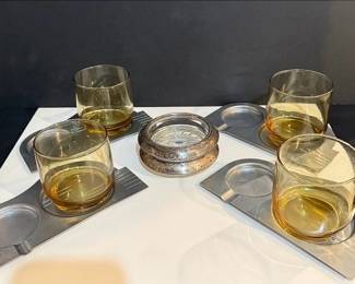 Art Deco Ashtray Coasters, Four Amber Lowball Glasses & Two Sterling Silver/Glass Ashtrays