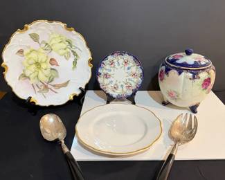 Malaysian Salad Serving Set, Buffalo China Plate, French Limoges Plate & Porcelain Biscuit Jar