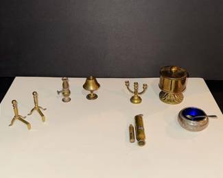 Sterling Silver Open Salt Cellar, A Brass Stamp Dispenser, Brass Whistles, & Brass Doll Furniture ..