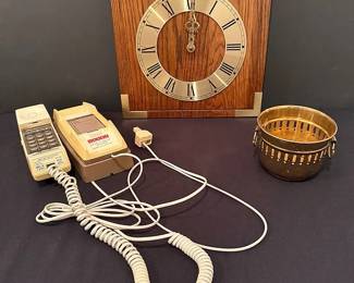 1980” Home Decor Trio Featuring A MCM Oak & Brass Clock, Yellow Push-Button Phone & Brass Cachepot