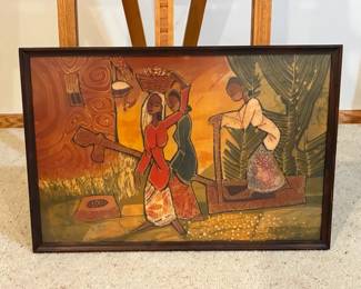 "Pounding Padi" Large Framed Original Batik Painting Attributed to Kheng Seng Choo