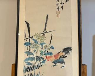 Framed Chinese Rooster & Chrysanthemum Painting with Calligraphy & Artists Seal