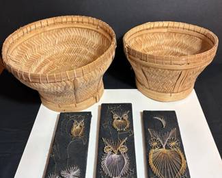 Vintage Owl & Floral String Art Paired with Indonesian Woven Reed Baskets
