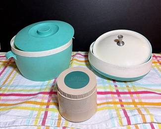 Vintage Teal Serving Dishes, Thermos Insulated Food Jar & Striped Tablecloth