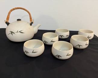 Vintage Japanese Hand-Painted Bamboo Teapot With Bamboo Handle W/6 Teacups