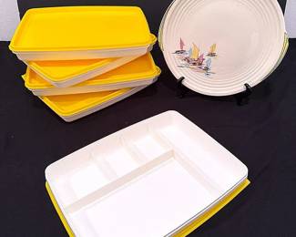 MCM Edwin M. Knowles “Sailboats” China Plate & Five Multi-Purpose Serving Trays With Yellow Lids