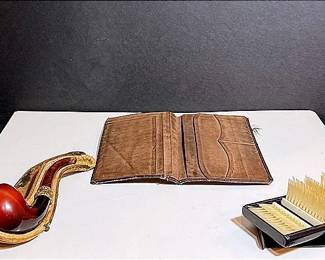 Vintage Men’s Accessories Featuring A Smoking Pipe, Leather Wallet & Travel Lint Brush