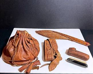 Vintage Leather Pouch, Embossed Leather Strap, Grooming Brush And Whisk Broom