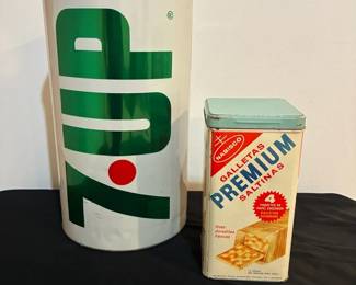 1970s "Wet & Wild", Unsoda Campaign 7-UP Metal Trash Can & Vintage Premium Crackers Tin