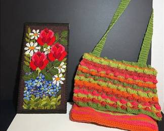 Vintage Yarn Wall Art And Retro Crocheted Shoulder Bag