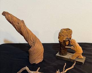 Hand Carved Wooden Hunter & Owl Pencil Holder, Drift Wood & A Manzanita Branch