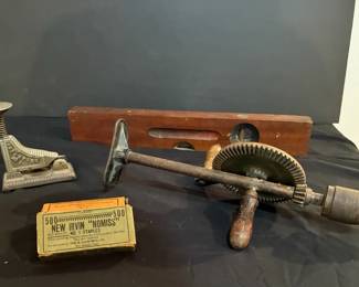 Antique Tools, Including Level, Antique Drill & Hotchkiss Stapler
