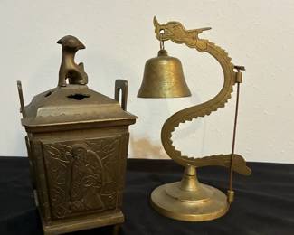 19th Century Chinese Bronze Incense Burner & Vintage Brass Chinese Dragon Bell