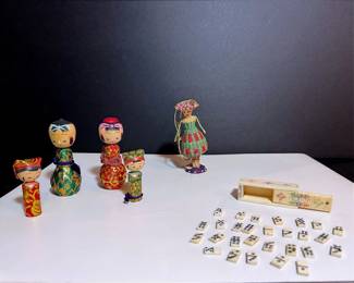 Folk Art Collectibles: Japanese Kokeshi Dolls, Mini Mexican Dominoes & Wicker Ornament