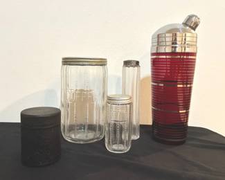 1930s Hoosier Jars, MCM Art Deco Cocktail Shaker, Depression Era Cigarette Holder