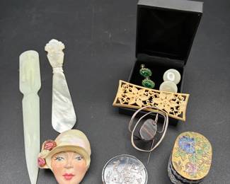 Vintage Curiosities & Collectibles ft. Art Deco Pieces, Trinket Boxes, Geometric Brooch