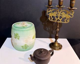 Warwick China Biscuit Jar, Chinese Yixing Clay Teapot & A Brass “Lion Of Judah” Candelabra