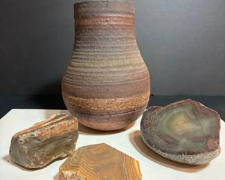 Rustic Studio Pottery Vase & Natural Agate, Jasper & Stone Specimens
