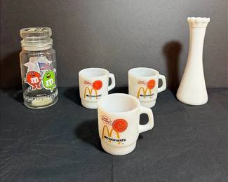 Vintage Fire King McDonald’s Coffee Mugs, Vintage 1984 M&M Olympic Jar & A Milk Glass Vase