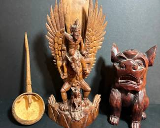 Hand-Carved Lot featuring Vintage Balinese Vishnu riding Garda & Foo Dog