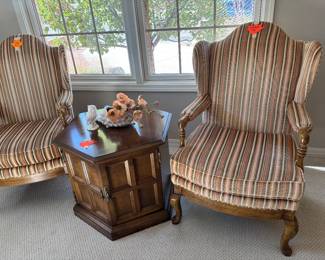 Stripped velvet chairs and drum lamp table