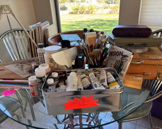 Art Supplies, Paints, Brushes, Pallets, Sketch books with Art inside