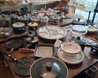 Two Wood Tables, Assorted Cookware 