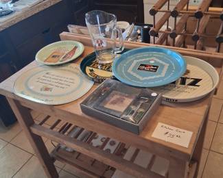 Unique Beer Tins & place mats, Rolling butchers block table 