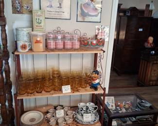 Amber Glass set of 46 pieces, William Adams, Disney, Aunt Jemima, and vintage tins