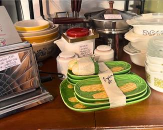 1930s Toaster, Various Pyrex Mixing Bowls, Verde Pyrex Set, Various Pyrex Dishes, Fondu Set, Dansk Tea Set, MCM Cake Plates