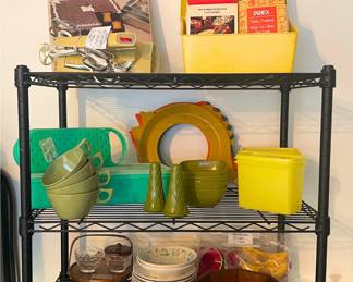 Mustard GE Hand-mixer, Checkerboard Cake Pan, Betty Crocker Recipe Set, Various Tupperware, Plateholders, MCM Bowls & Saucers, MCM Serving Tray, MCM Pecan Shelling Bowl, Vintage Fruit Napkin Holders