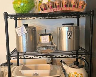 Various Corningware (Large Roasters & Loaf Pan), Various Vintage Nesting Canister Sets, MCM Lipton Stovetop Tea Maker, Rooster Spice Rack, Sun Tea Maker