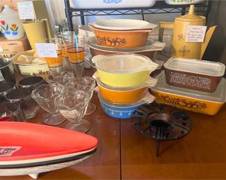 Sundae Cups, Various Pyrex Dishes, Pyrex Fridgies, MCM Percolator, 1940s Tom & Jerry Punch Bowl & Mugs, Corningware, Pyrex Clock Warmer