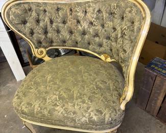 Vintage or antique French-style accent chair resembling a Louis XV, Rococo, or neo-garoque tufted lounge/corner chair -good condition as found