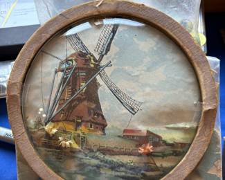Vintage Round Dutch windmill artwork in circular frame
