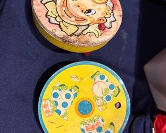 Vintage Tin Lithographed clown noisemakers and spinning clackers 1930-1950's