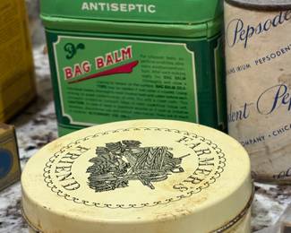 Wonderful vintage boxes and tins, Bag Balm, Farmers Friend, Pepsodent powder tin