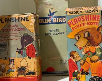 Vintage boxes of Playshine Scuff-Kote Shoe Shine, Blue Bird White Shoe cleaner