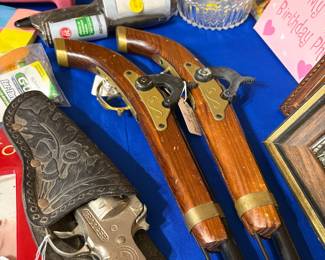 2 wood guns from Silver Dollar City, Vintage dice, Cap Gun and Holster