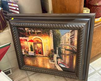 The artwork is titled "Night Cafe' after Rain" by artist Haixia Liu - Venetian Cafe along canal