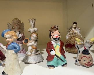 vintage porcelain or ceramic clown figurine doing a handstand w black top hat made in Japan during the 1950s and clown with cane,vintage dutch or colonia style figure in blue jacket and light skirt