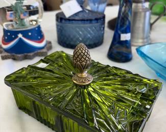 Unique covered green depression glass cigarette covered dish