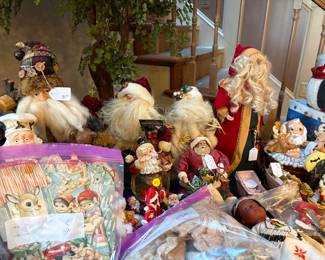 Bags of toys, dolls, minatures, santas and individual Santas and Dolls