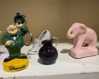 Fitzgeralds Casino/Hotel key chaine, vintage pink elephant, mini pitcher and handle, mini china shoe
