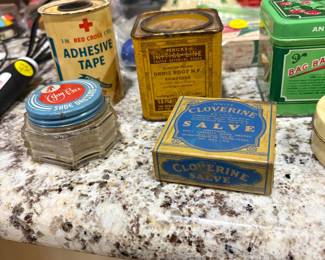 Vintage Red Cross Adhesive Tape Tin, Cloverine Salve, Jay Bell Shoe Dressing