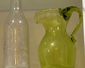 Vintage Bottle and Green Depression Glass Pitcher